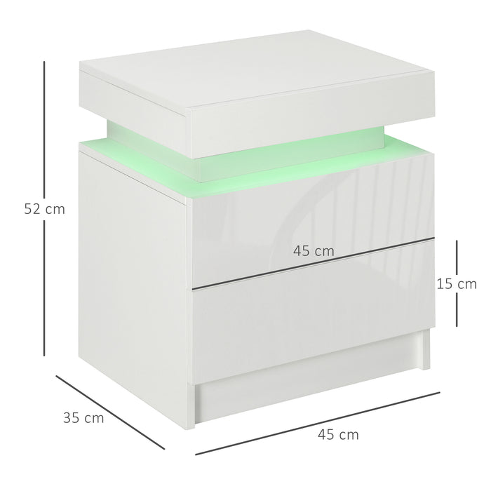 White Bedside Cabinets with LED Light, High Gloss Front Nightstand with 2 Drawers, for Living Room, Bedroom