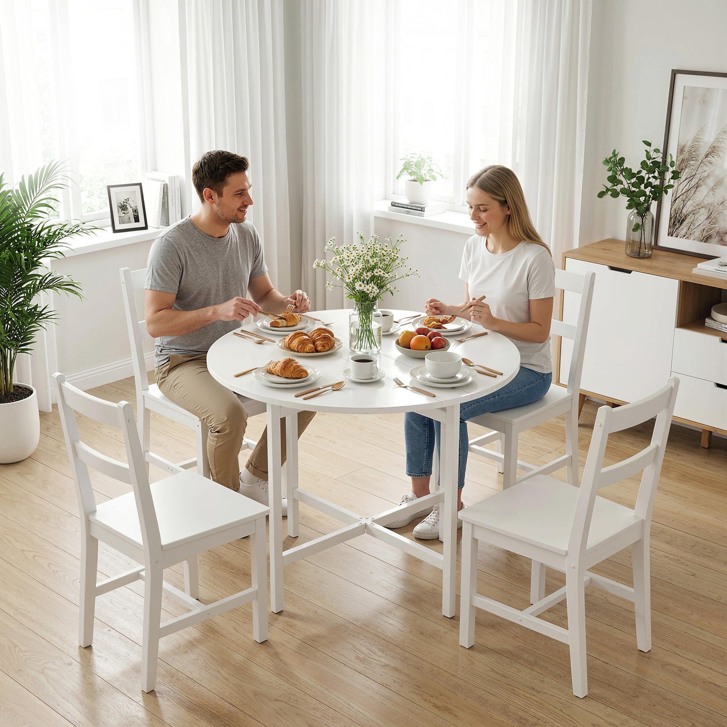 Folding Dining Table, Collapsible Drop Leaf Table for Small Spaces, Extendable Kitchen Table with Steel Frame, White