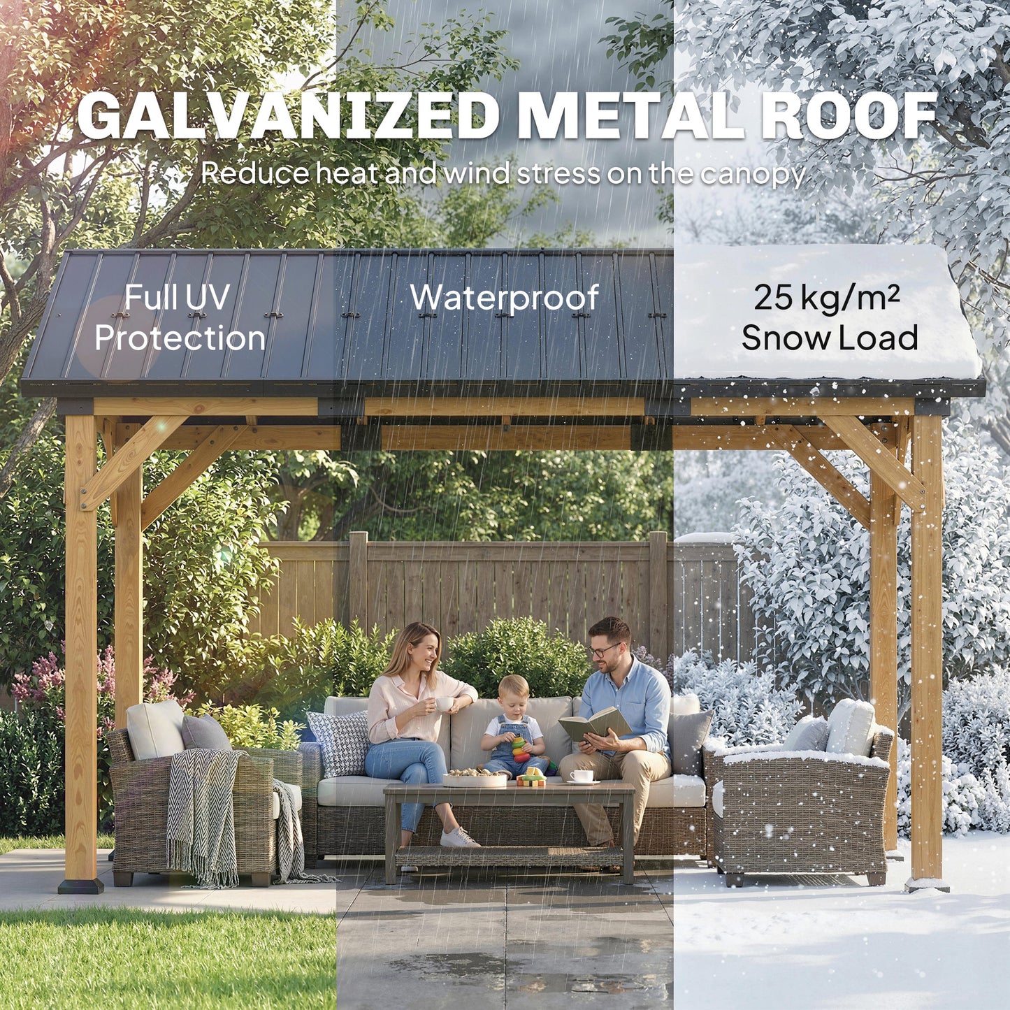 3.5 x 4 m Hardtop Gazebo with Galvanised Metal Roof, Black Grey