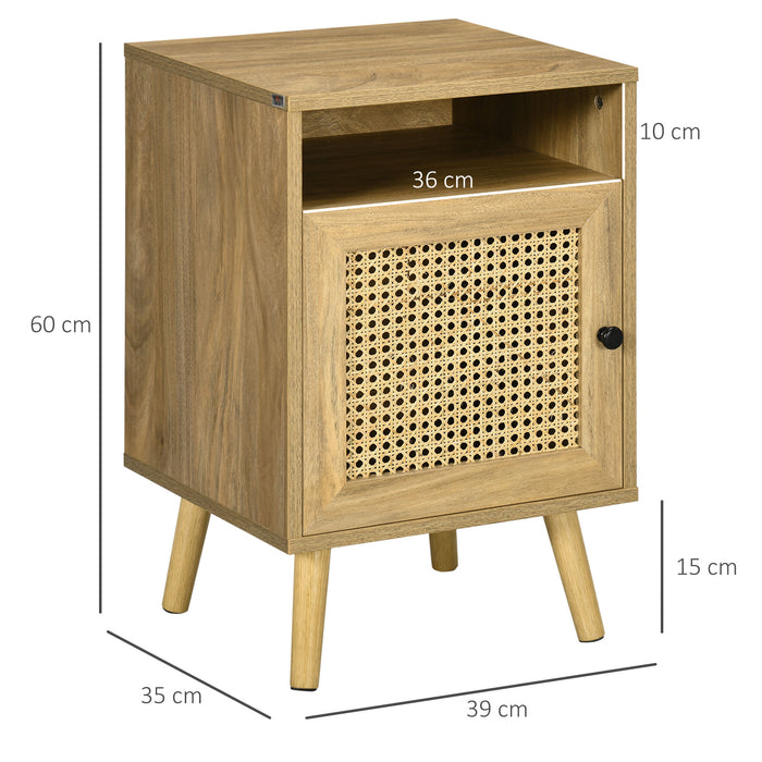 Bedside Table with Rattan Element, Side End Table with Shelf and Cupboard, 39cmx35cmx60cm, Set of 2, Natural