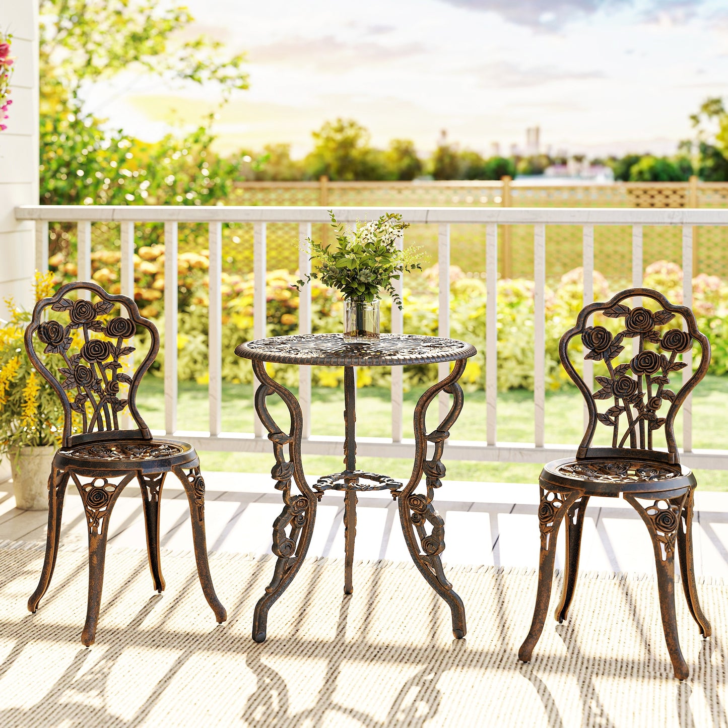 Outdoor Bistro Set with Umbrella Hole Rose Design Metallic