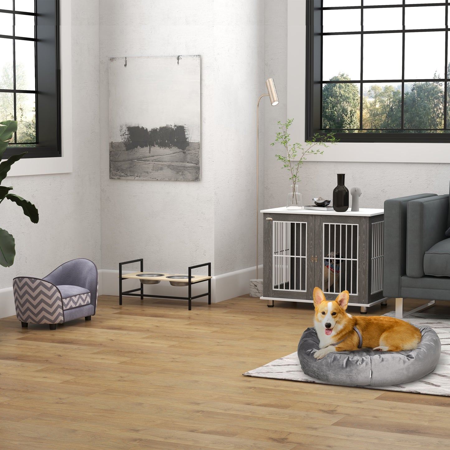 Modern Dog Crate Pet Kennel Cage w/ Lockable Door - Grey & White