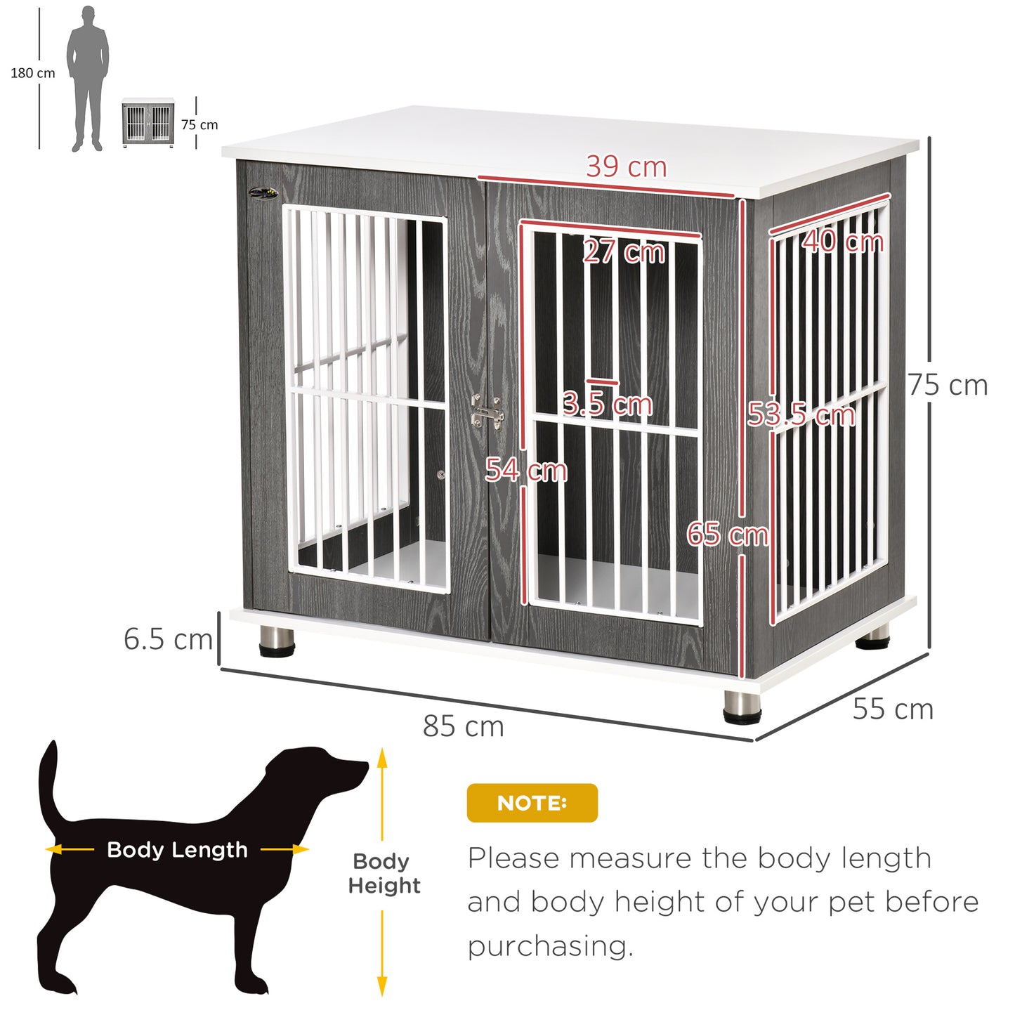Modern Dog Crate Pet Kennel Cage w/ Lockable Door - Grey & White