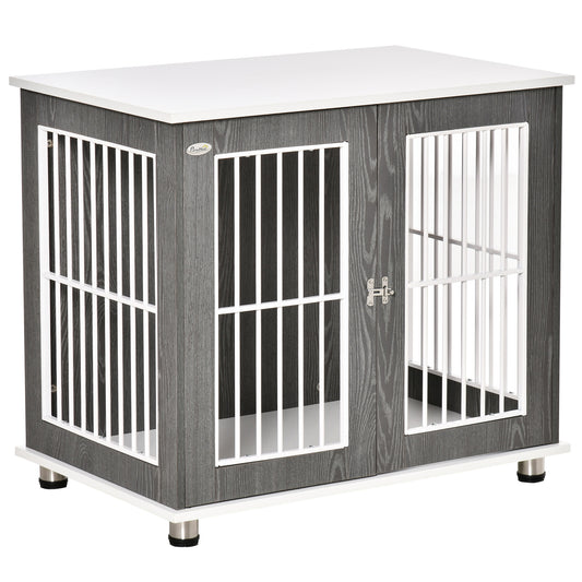 Modern Dog Crate Pet Kennel Cage w/ Lockable Door - Grey & White