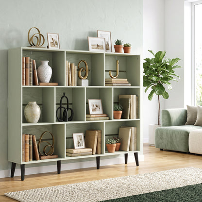 Bookshelf with 10 Cubbies, Book Shelf with Wood Legs, Light Green