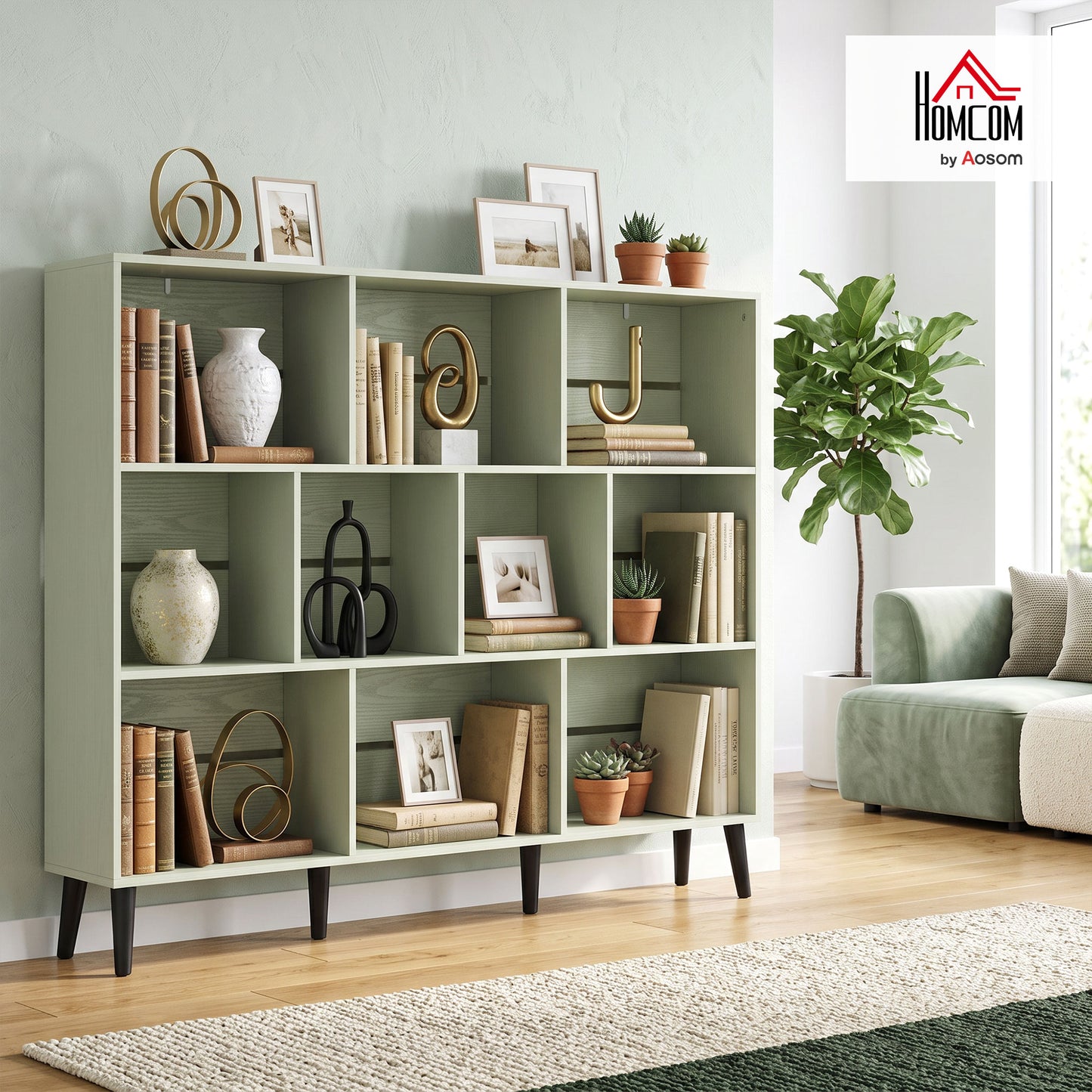 Bookshelf with 10 Cubbies, Book Shelf with Wood Legs, Light Green