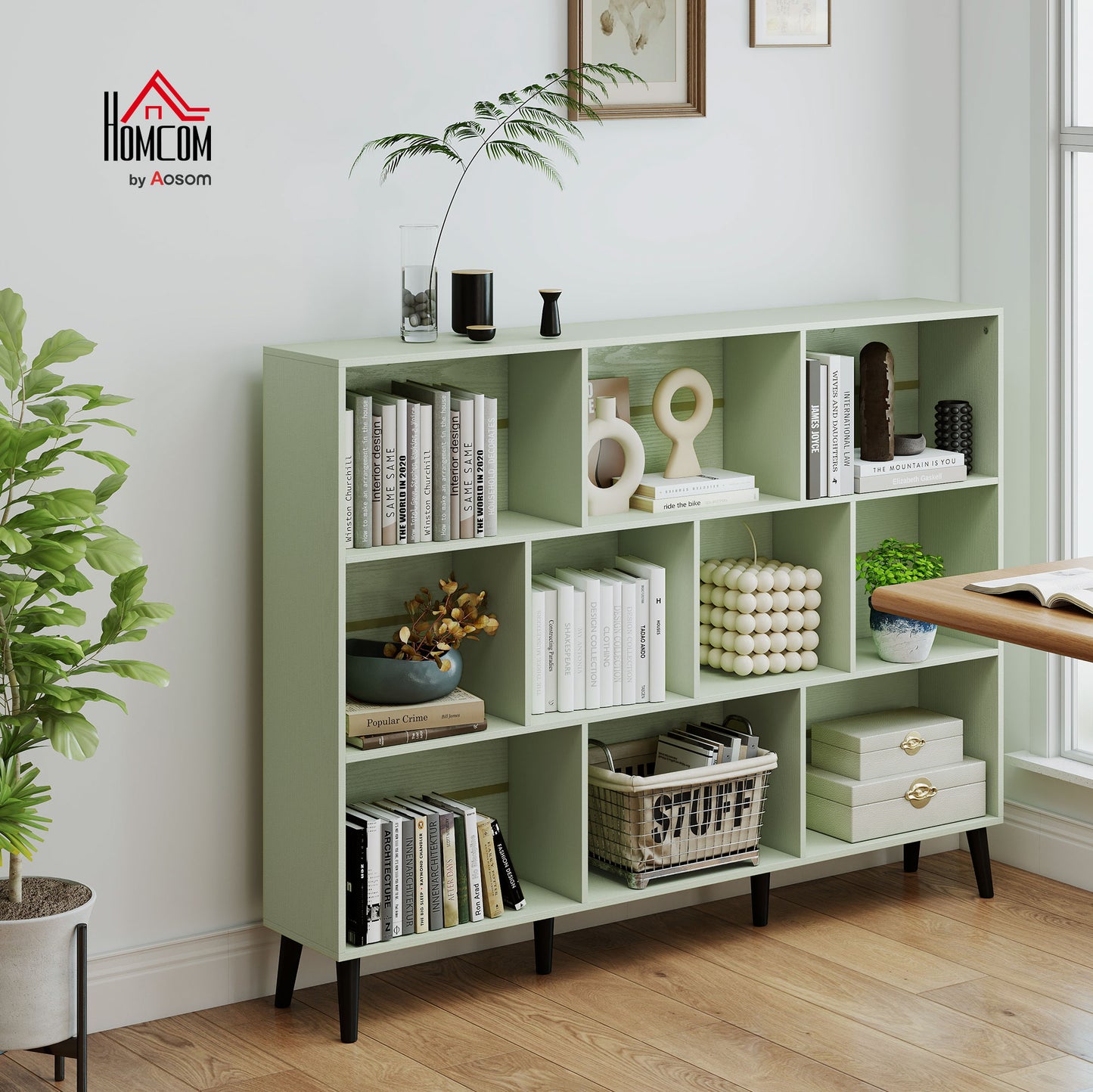 Bookshelf with 10 Cubbies, Book Shelf with Wood Legs, Light Green