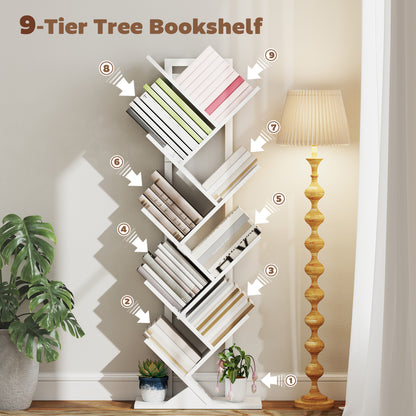 9-Tier Tree Bookshelf with Steel Frame for Living Room, White