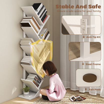 9-Tier Tree Bookshelf with Steel Frame for Living Room, White