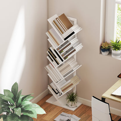 9-Tier Tree Bookshelf with Steel Frame for Living Room, White
