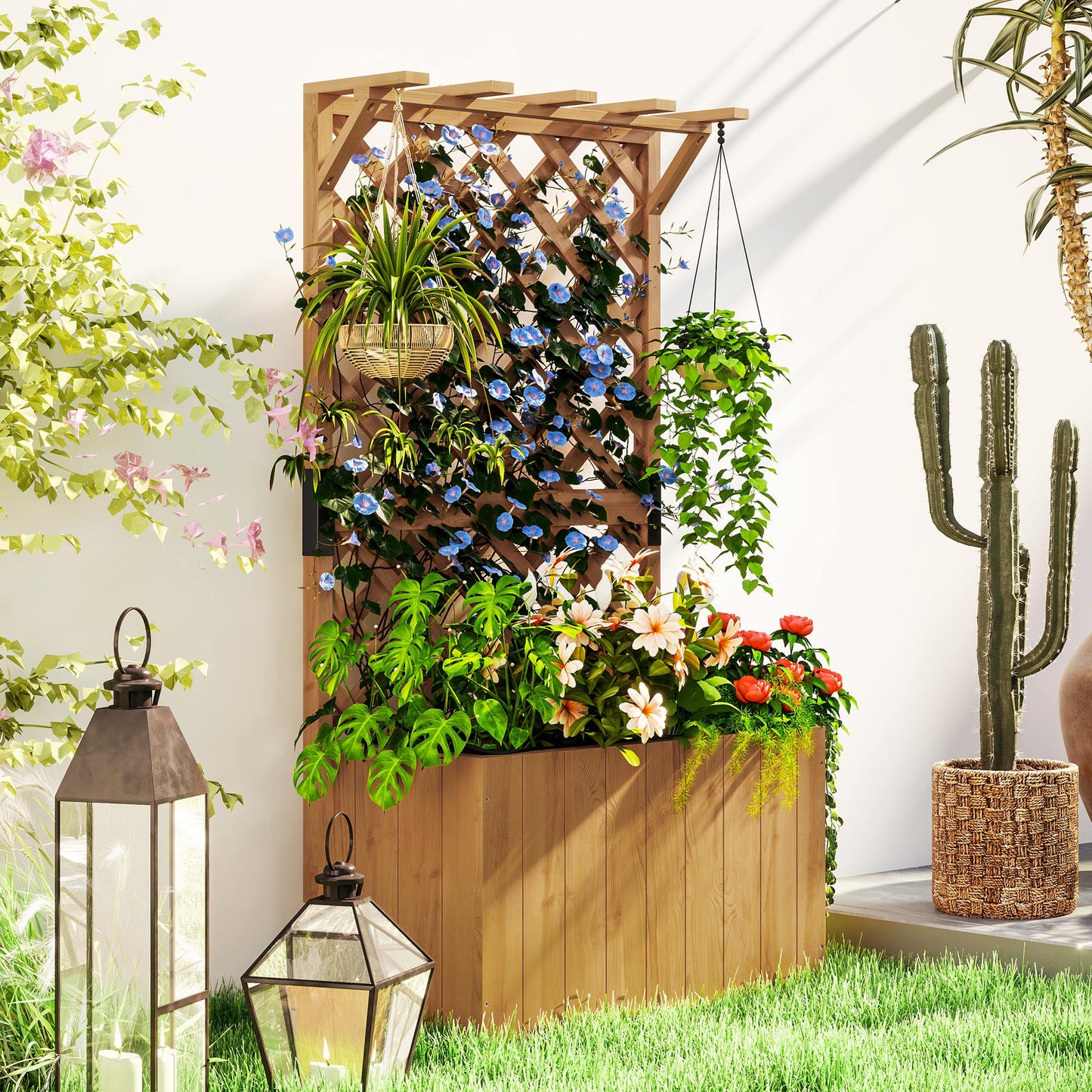 Wooden Planter with Trellis and Drainage Holes, Natural