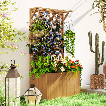 Wooden Planter with Trellis and Drainage Holes, Natural