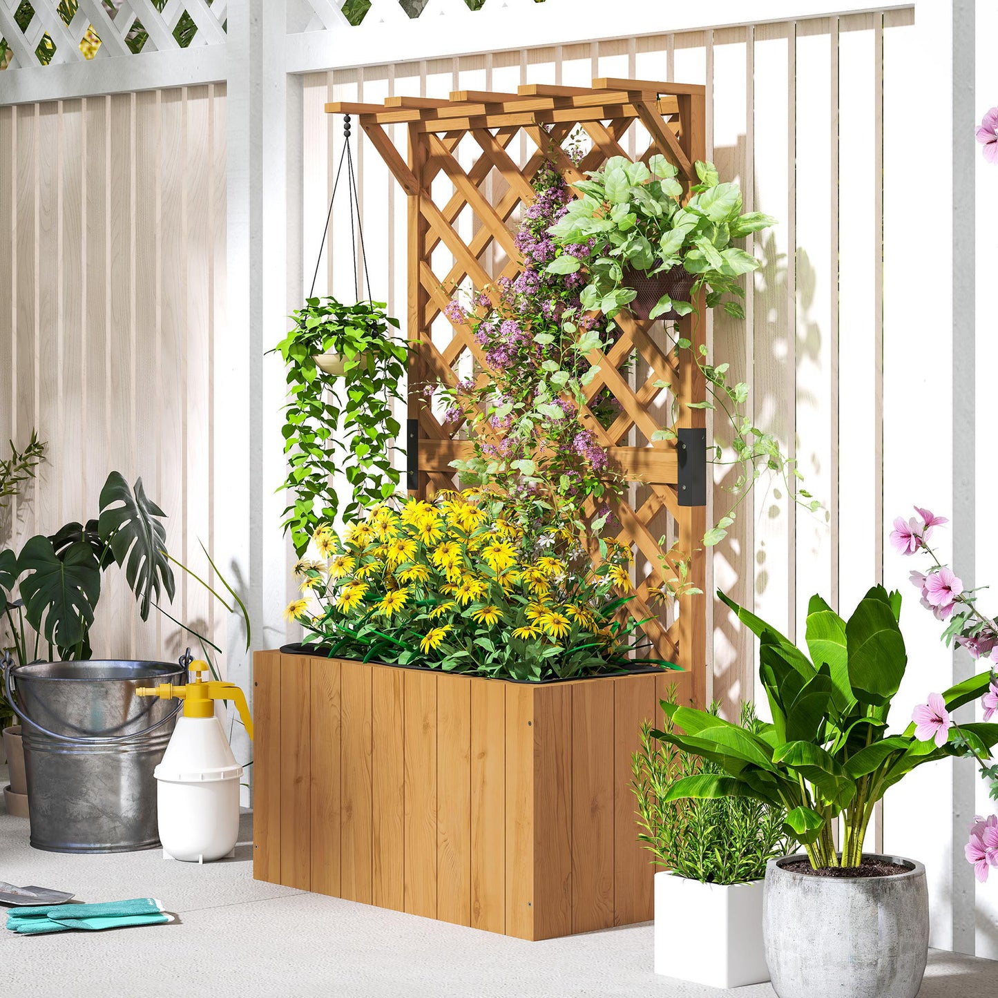 Wooden Planter with Trellis and Drainage Holes, Natural