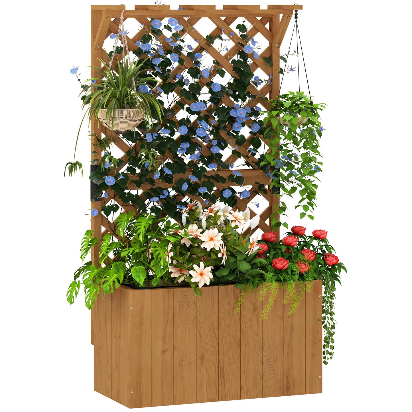 Wooden Planter with Trellis and Drainage Holes, Natural