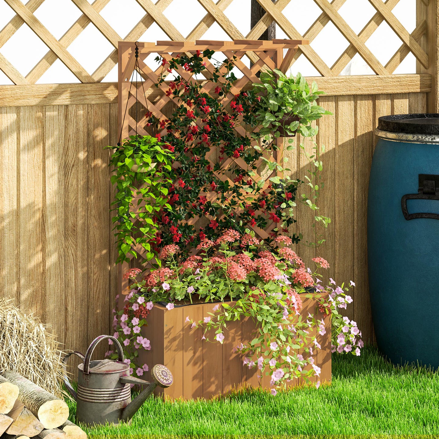 Wooden Planter with Trellis and Drainage Holes, Natural