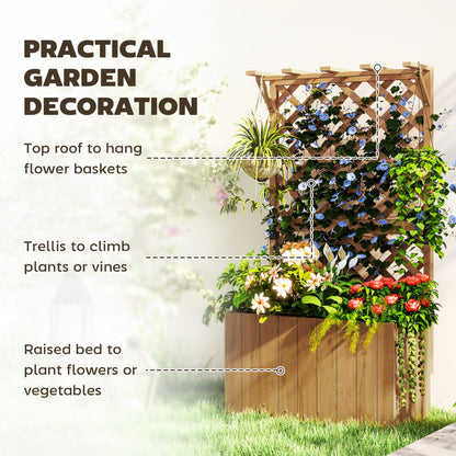 Wooden Planter with Trellis and Drainage Holes, Natural