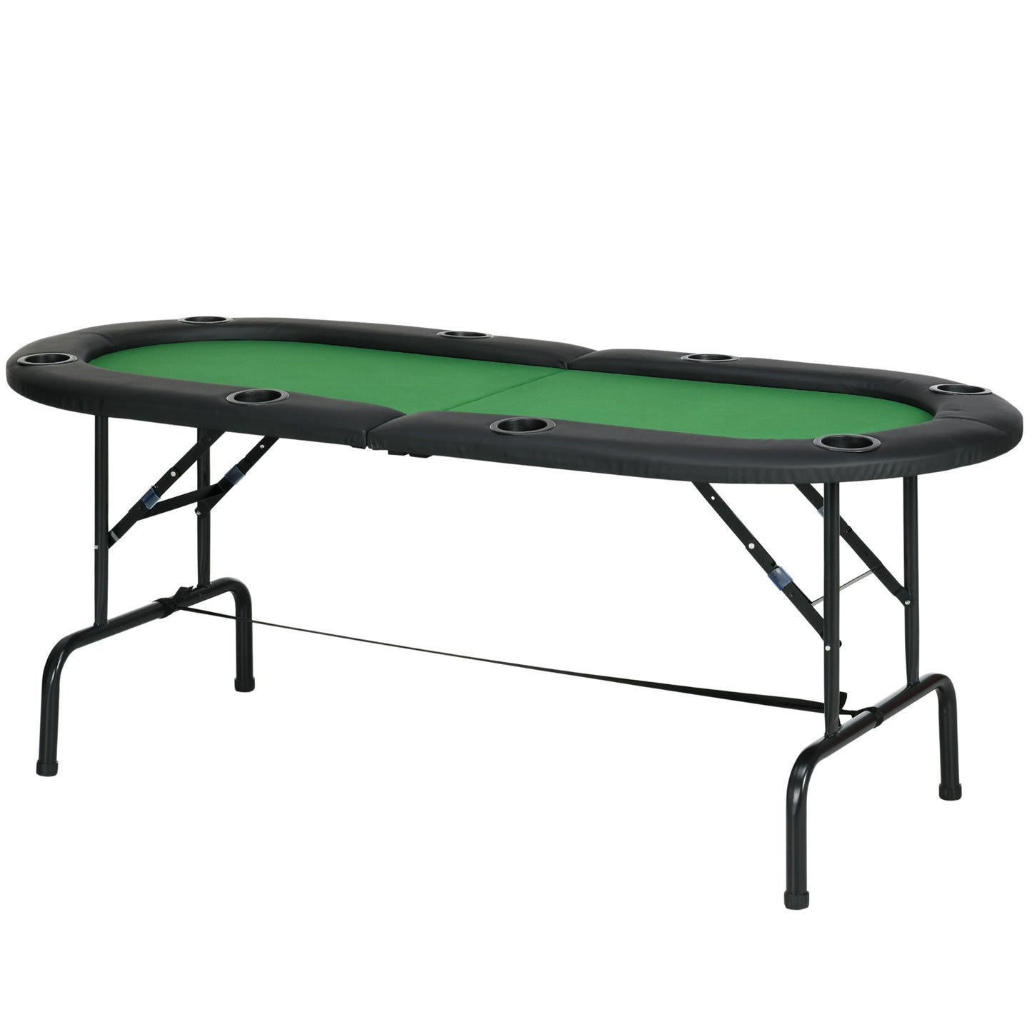 8 Player Folding Poker Table, Oval Portable Blackjack Casino Table with Cup Holder, Felt Top and Metal Base, 183 x 82 x 75cm, Green and Black
