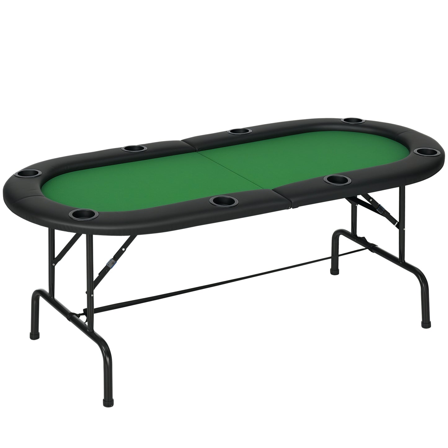 8 Player Folding Poker Table, Oval Portable Blackjack Casino Table with Cup Holder, Felt Top and Metal Base, 183 x 82 x 75cm, Green and Black