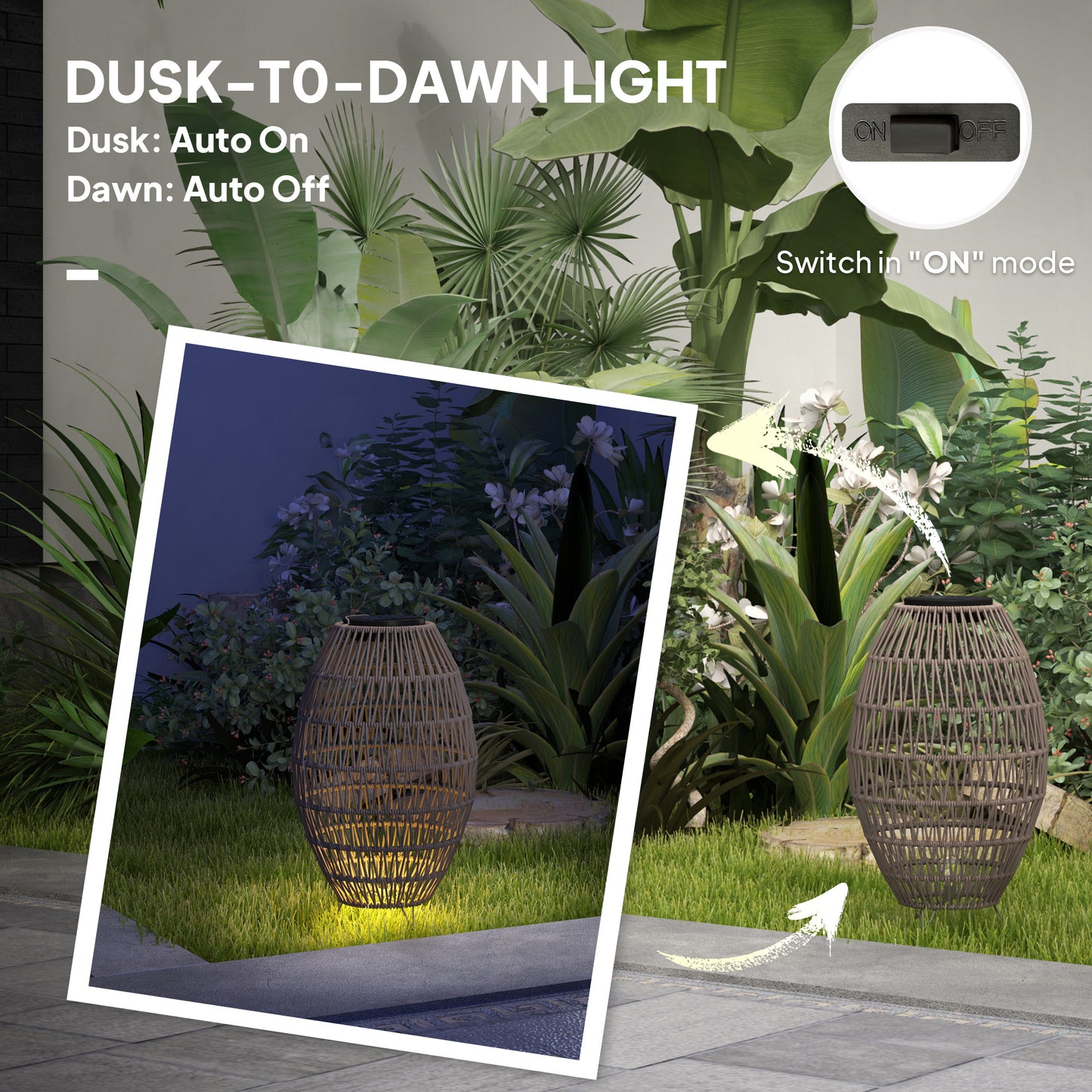 Rattan Solar Lamp, Auto On/Off Garden Lantern, Dark Brown