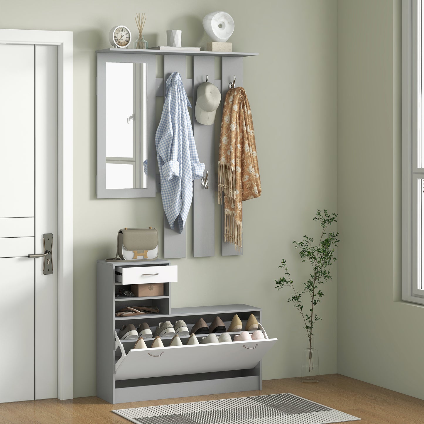 Hallway Furniture Set with Shoe Cabinet, Coat Rack and Mirror, Grey