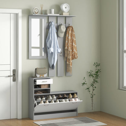 Hallway Furniture Set with Shoe Cabinet, Coat Rack and Mirror, Grey