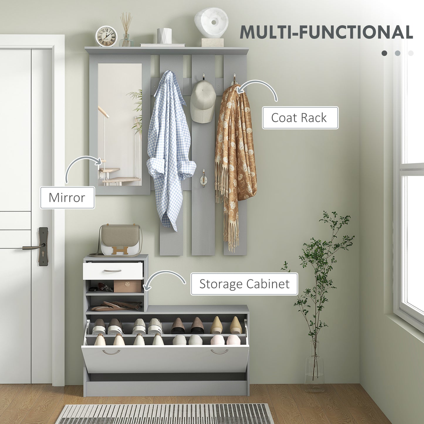 Hallway Furniture Set with Shoe Cabinet, Coat Rack and Mirror, Grey