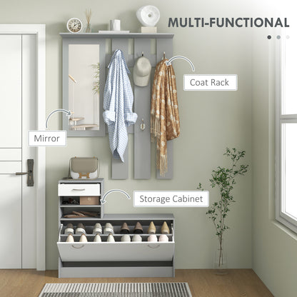 Hallway Furniture Set with Shoe Cabinet, Coat Rack and Mirror, Grey