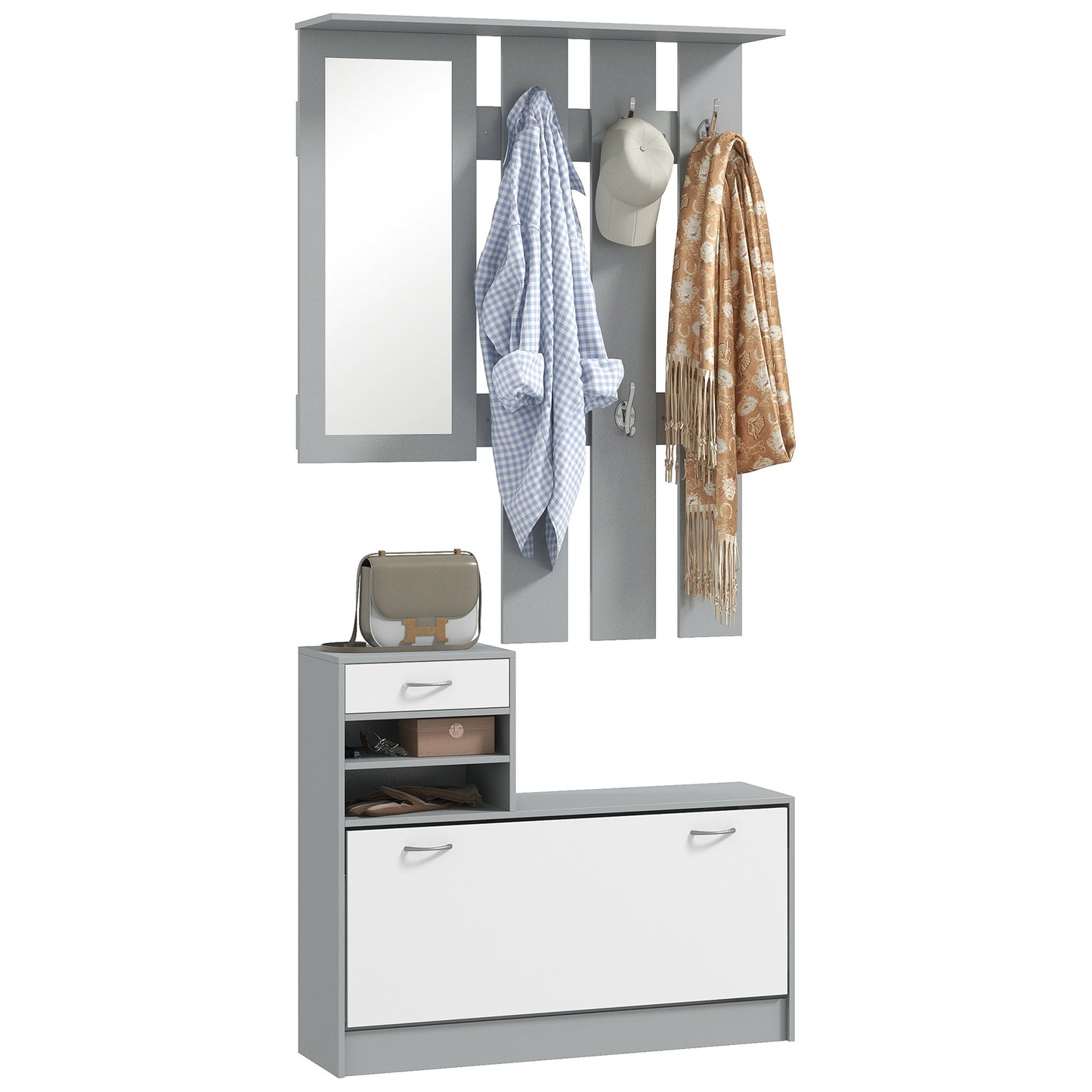 Hallway Furniture Set with Shoe Cabinet, Coat Rack and Mirror, Grey