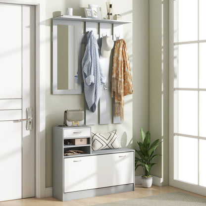 Hallway Furniture Set with Shoe Cabinet, Coat Rack and Mirror, Grey