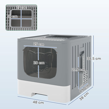 Foldable Cat Litter Box with Lid, Slide-Out Drawer, Grey