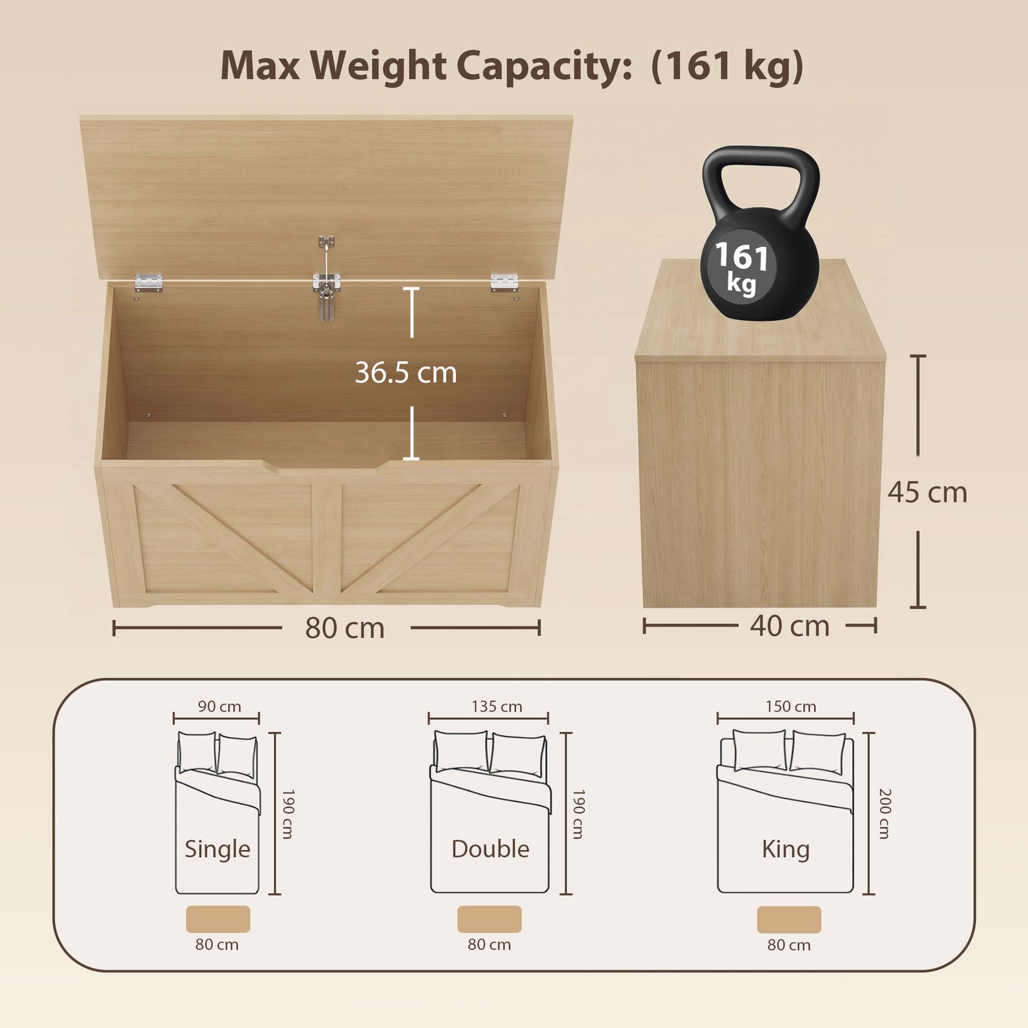 Storage Trunk for Living Room with Safety Hinge, 80cm, Nature Wood