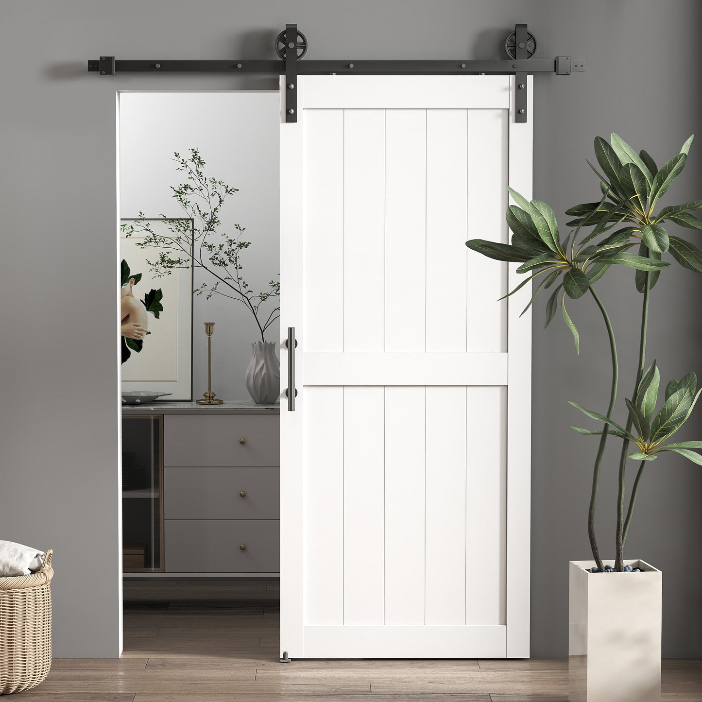 92 x 213 cm Sliding Barn Door with 183 cm Sliding Door Hardware Kit & Industrial Handle, Upgraded Rollers and Floor Guide, Waterproof Plastic Surface, Pre-Drilled Easy Assembly, White