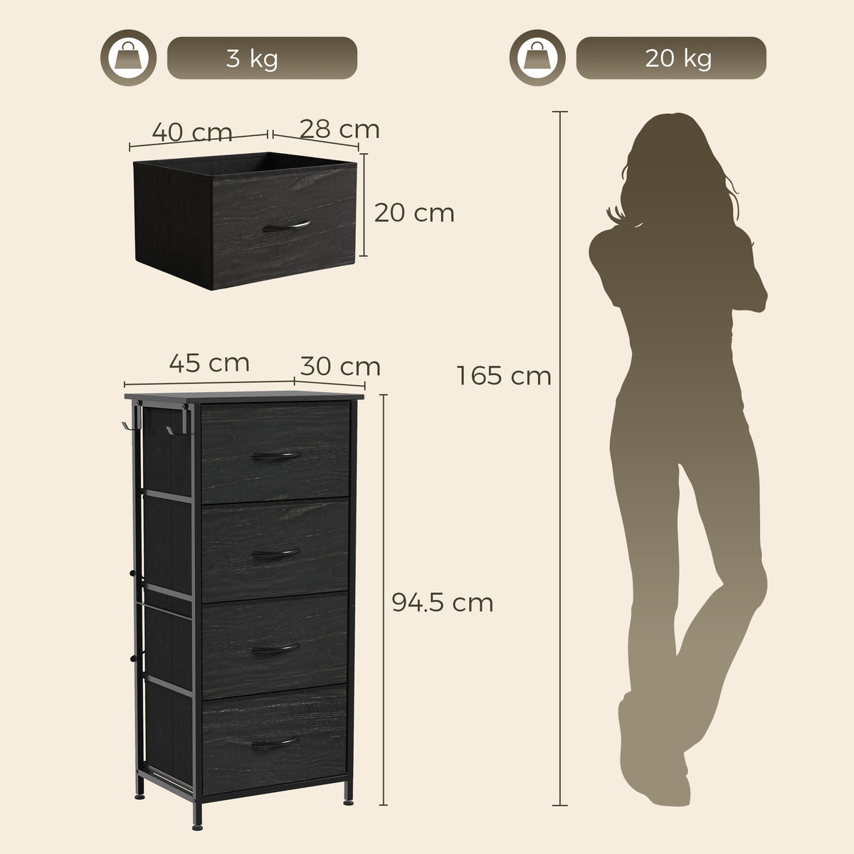 Fabric Chest of Drawers, 4 Drawer Dresser for Bedroom, Black