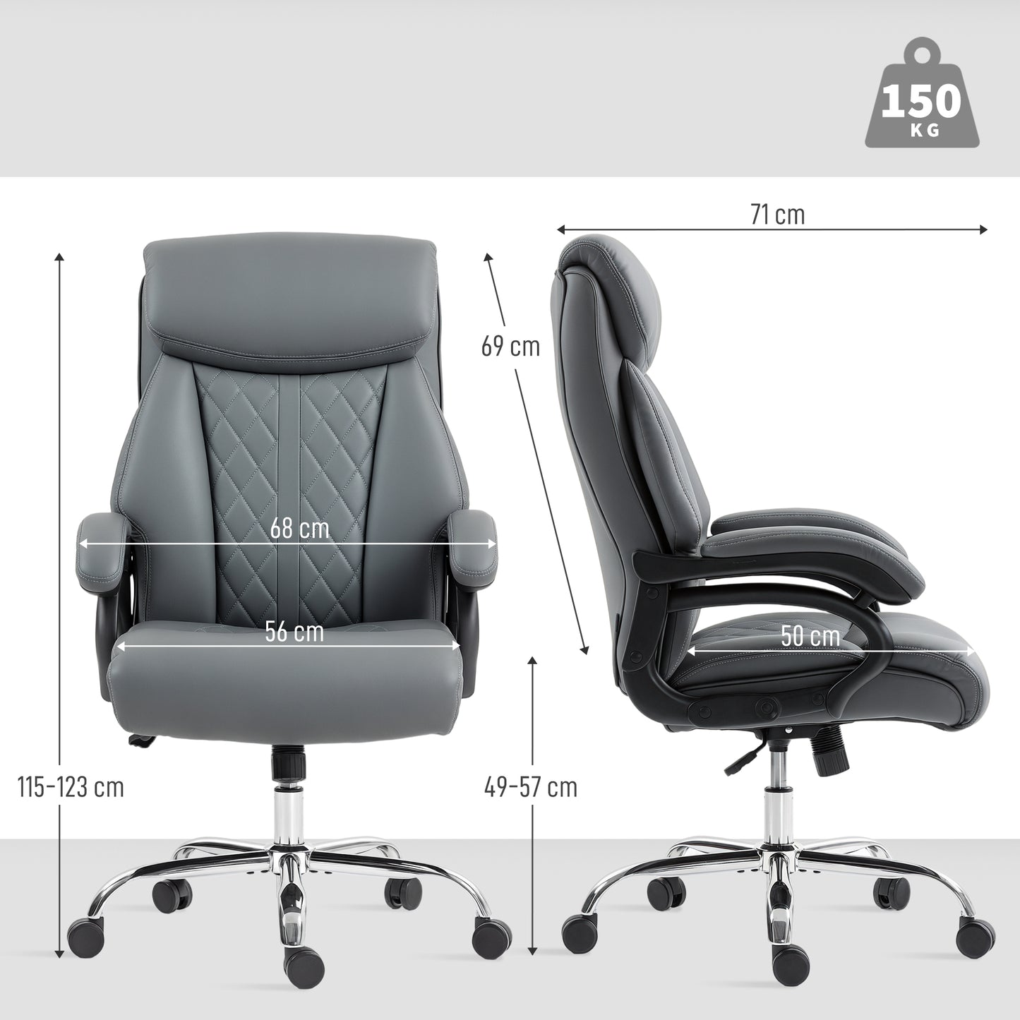 PU Leather Office Chair with Spring Padding, Swivel Wheels, Grey