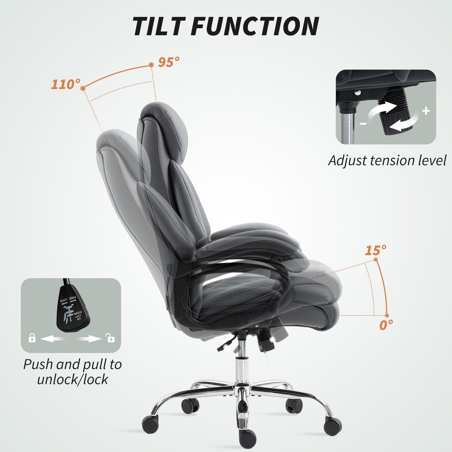 PU Leather Office Chair with Spring Padding, Swivel Wheels, Grey