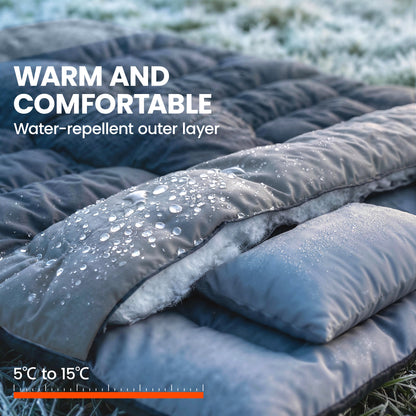 Double Sleeping Bag with 2 Pillows, 220 x 160cm Sleeping Bag Grey