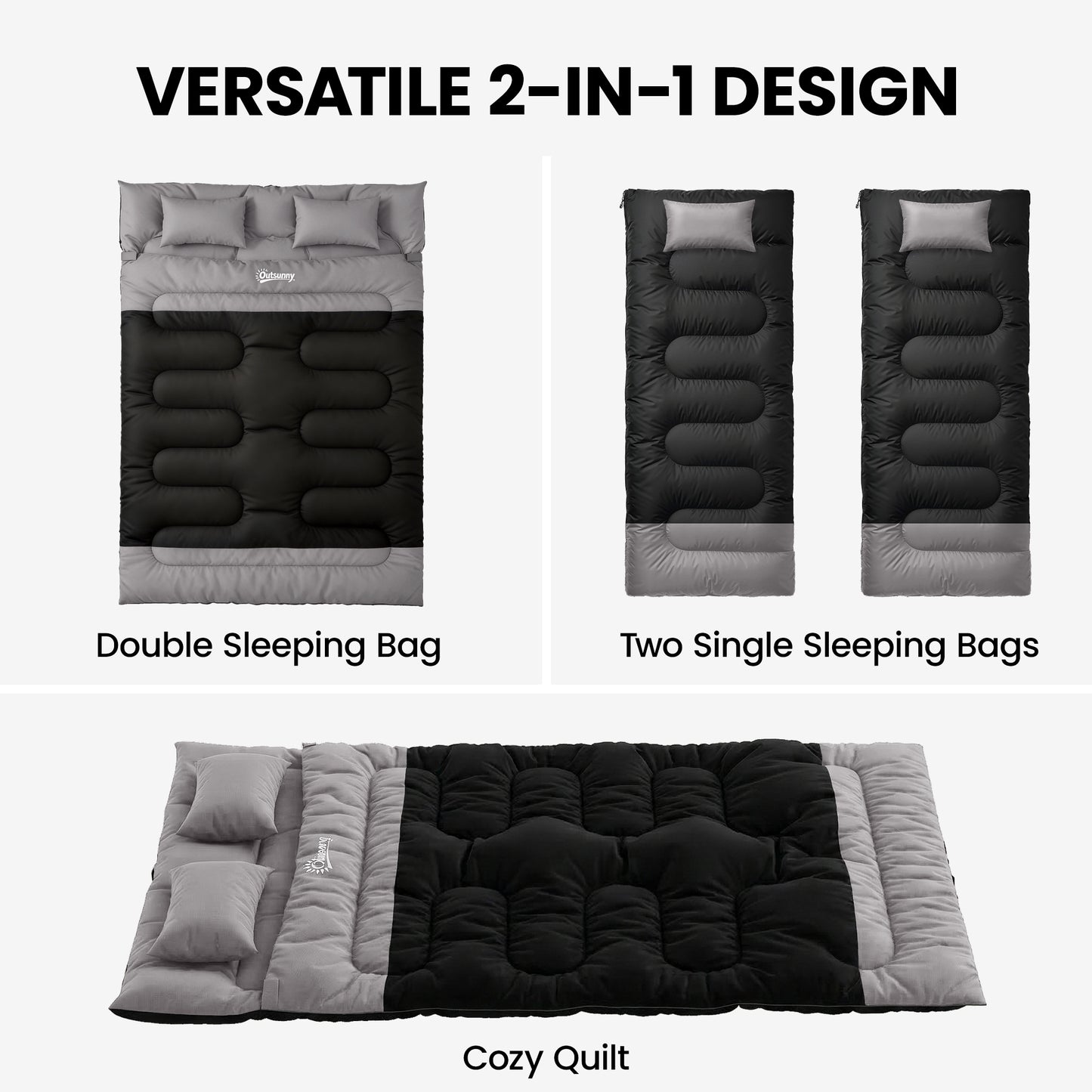 Double Sleeping Bag with 2 Pillows, 220 x 160cm Sleeping Bag Grey