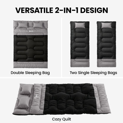 Double Sleeping Bag with 2 Pillows, 220 x 160cm Sleeping Bag Grey