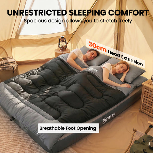 Double Sleeping Bag with 2 Pillows, 220 x 160cm Sleeping Bag Grey