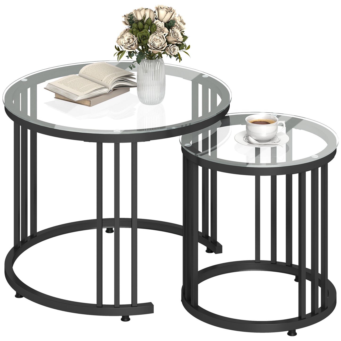 2 Pieces Round Nesting Coffee Tables with Tempered Glass Top, Black