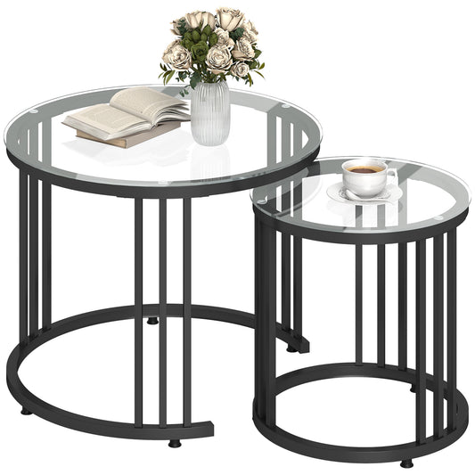 2 Pieces Round Nesting Coffee Tables with Tempered Glass Top, Black