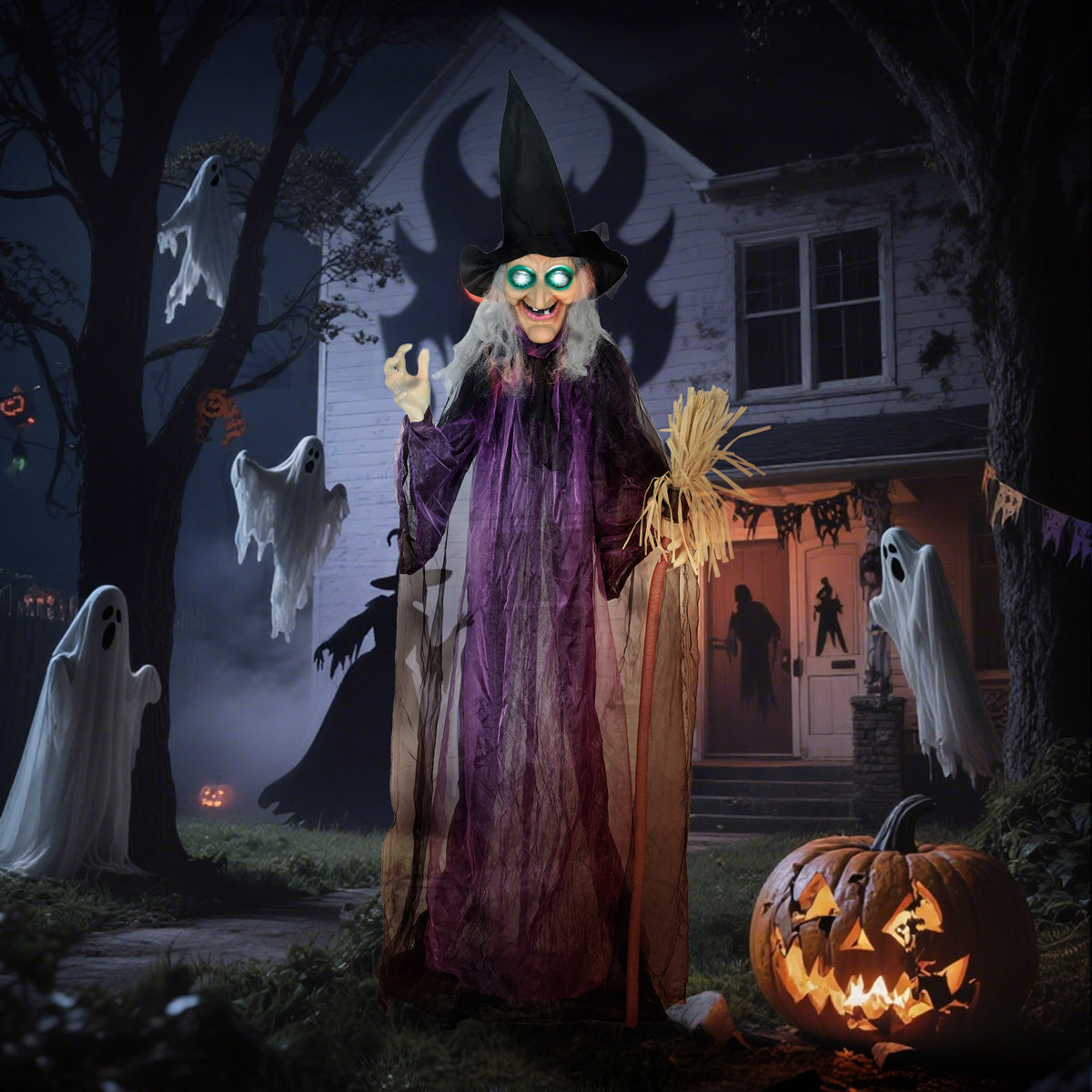 Voice Activated Halloween Animatronics Standing Witch, Purple