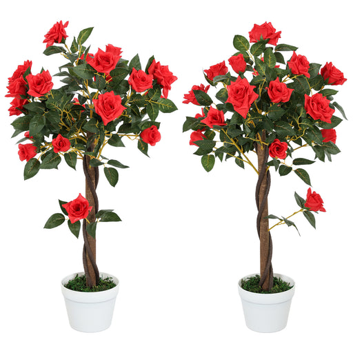 Set of 2 90cm Artificial Rose Tree, Fake Decorative Plant, Red