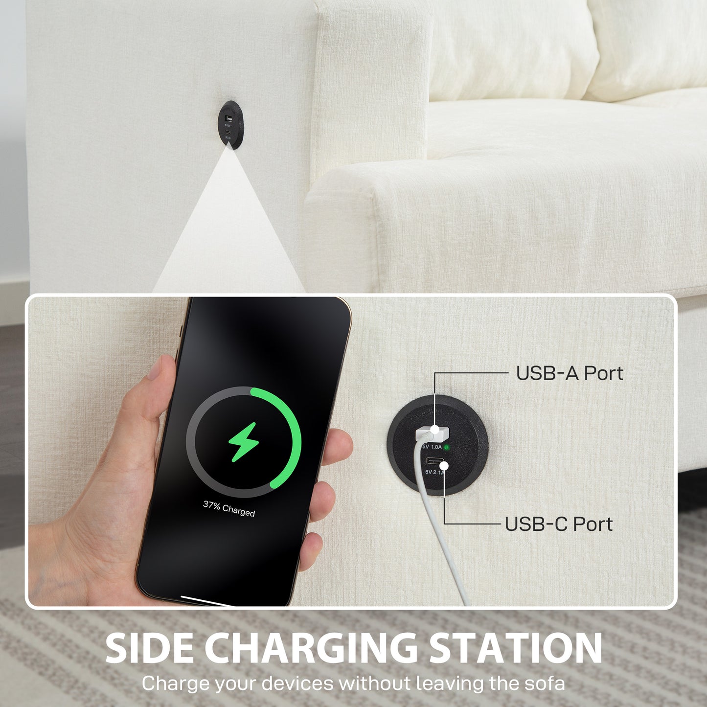 3 Seater Sofa, Fabric Sofa with USB Ports and Cup Holders, Cream