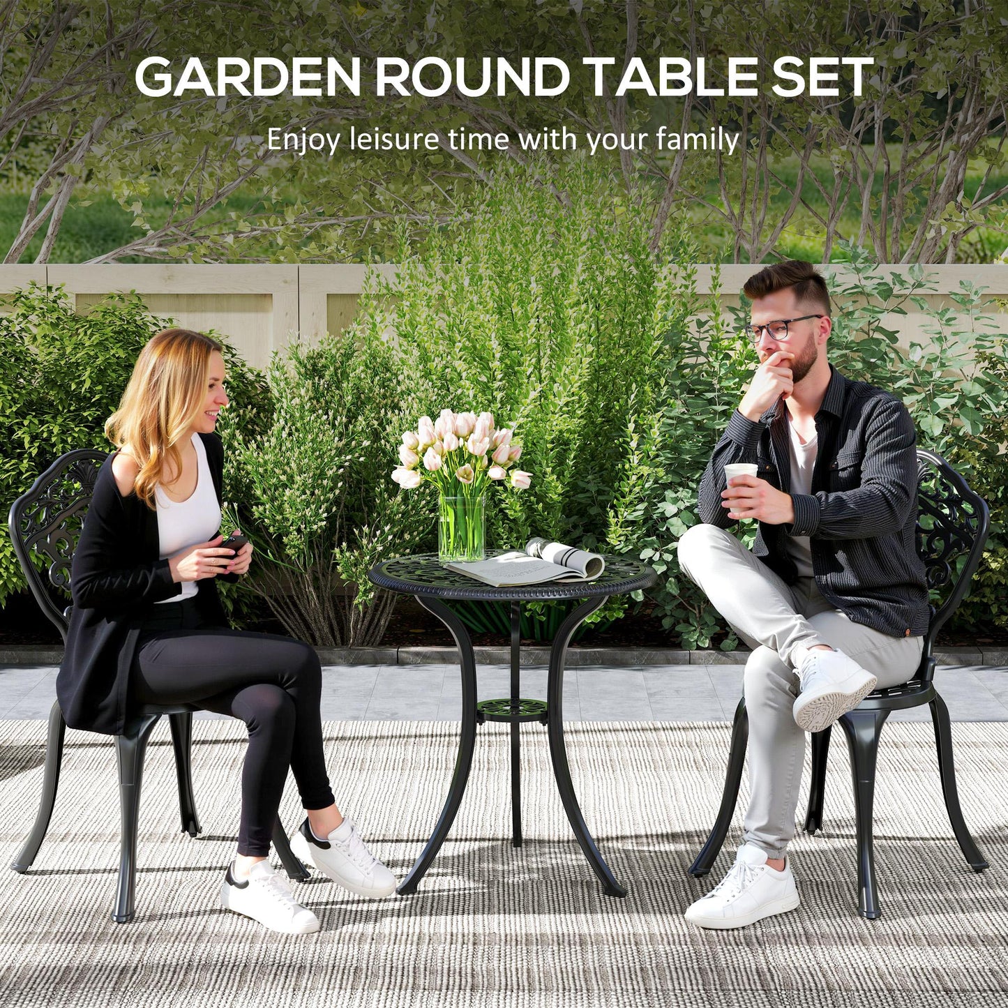 3 PCs Cast Aluminium Bistro Set w/ Parasol Hole for Balcony, Black