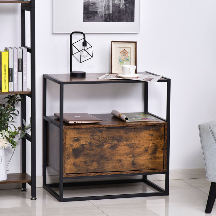 Industrial-Style Side Table w/ Drawer Open Shelf Steel Frame Large Base Two-Tone Retro Stylish Home Furniture Bedroom Living Room