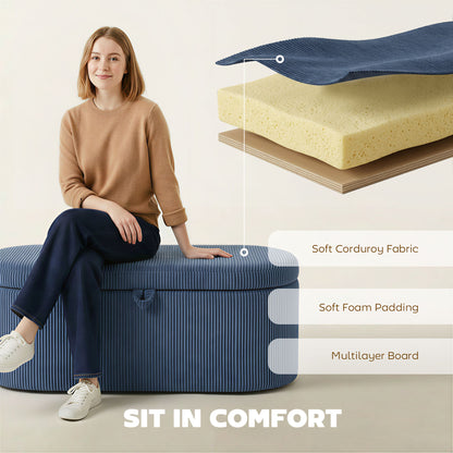 Storage Ottoman, Corduroy Ottoman Storage Box with Padded Seat, Blue