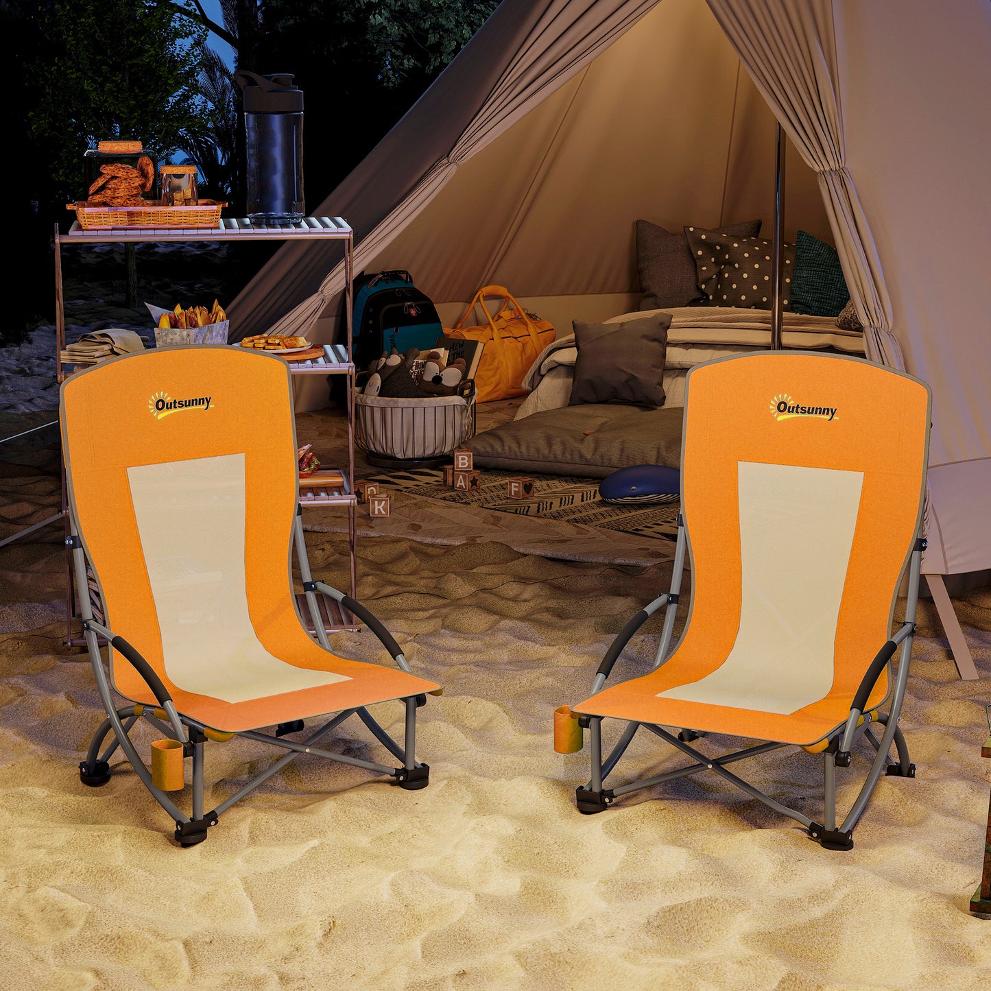 Set of 2 Folding Beach Chair, Camping Chair with Carry Bag, Orange