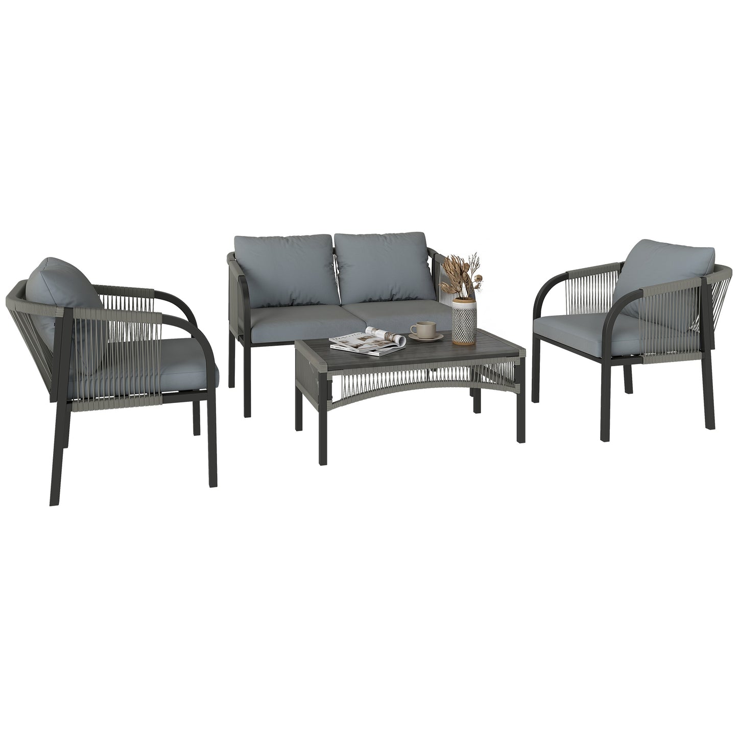 4 Piece Rattan Garden Furniture Set w/ Steel Frame, Cushions, Grey