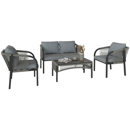 4 Piece Rattan Garden Furniture Set w/ Steel Frame, Cushions, Grey
